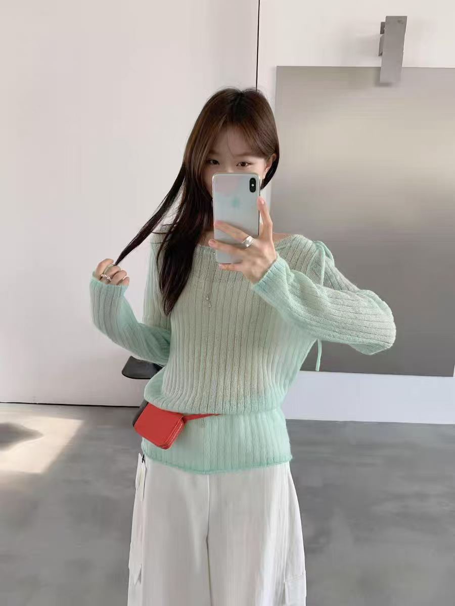 韓系小眾顯瘦一字領豎坑領口可調節綁帶設計感薄款針織小衫上衣