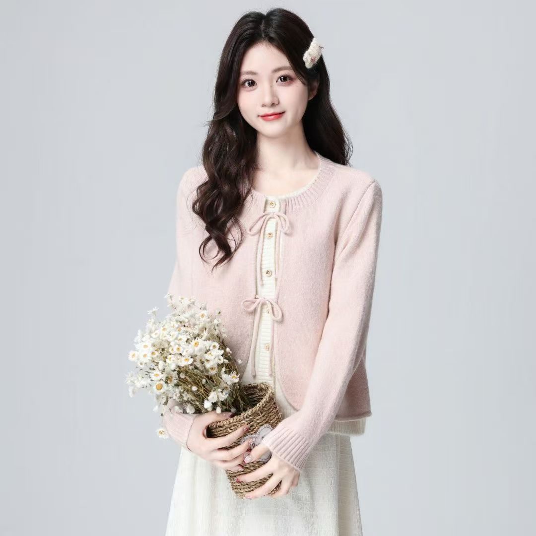 粉色假兩件毛衣女2026春秋新款撞色拼接蝴蝶結系帶針織開衫上衣