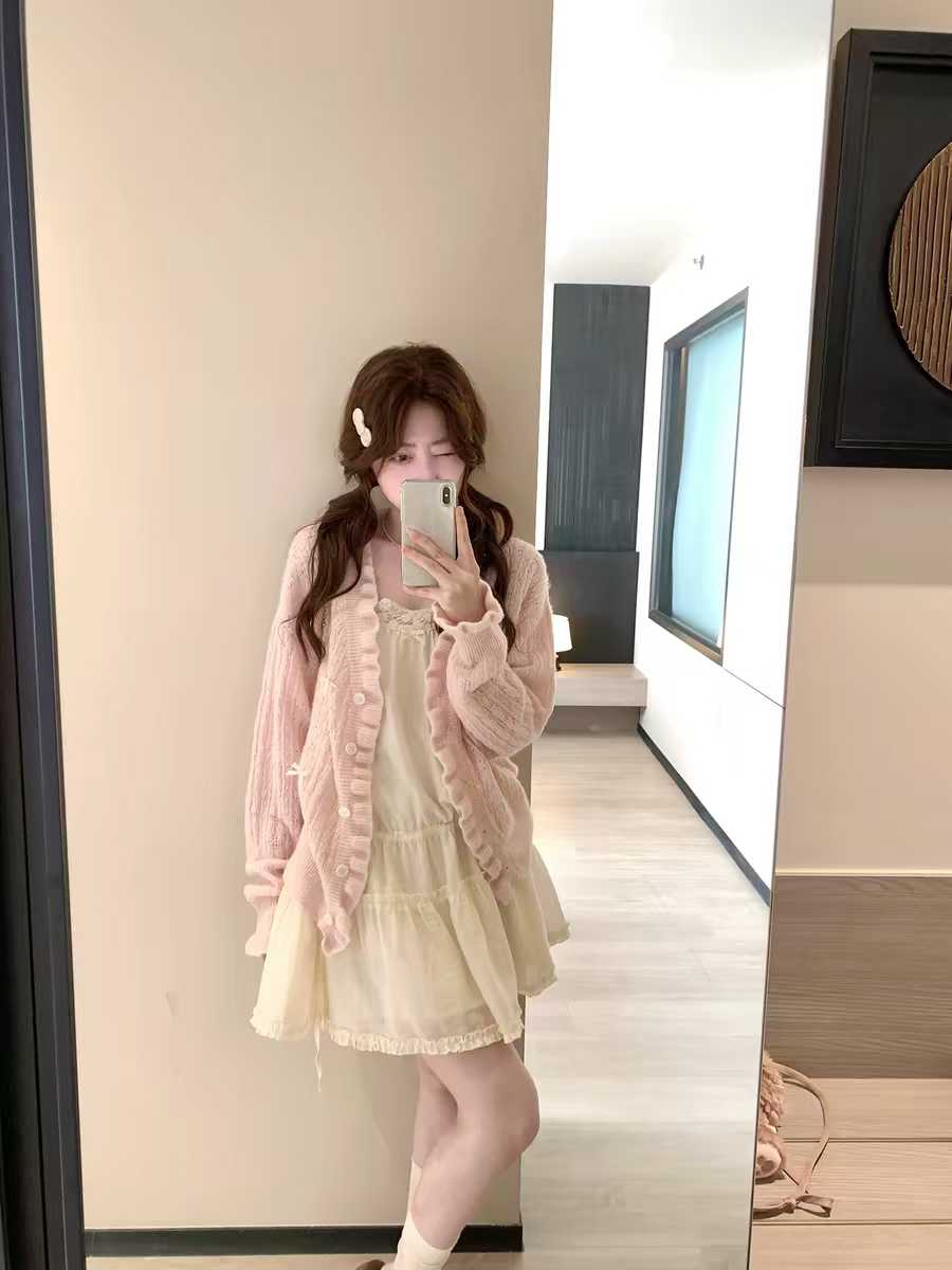 粉色V領木耳花邊針織衫毛衣女百搭顯瘦初春外套