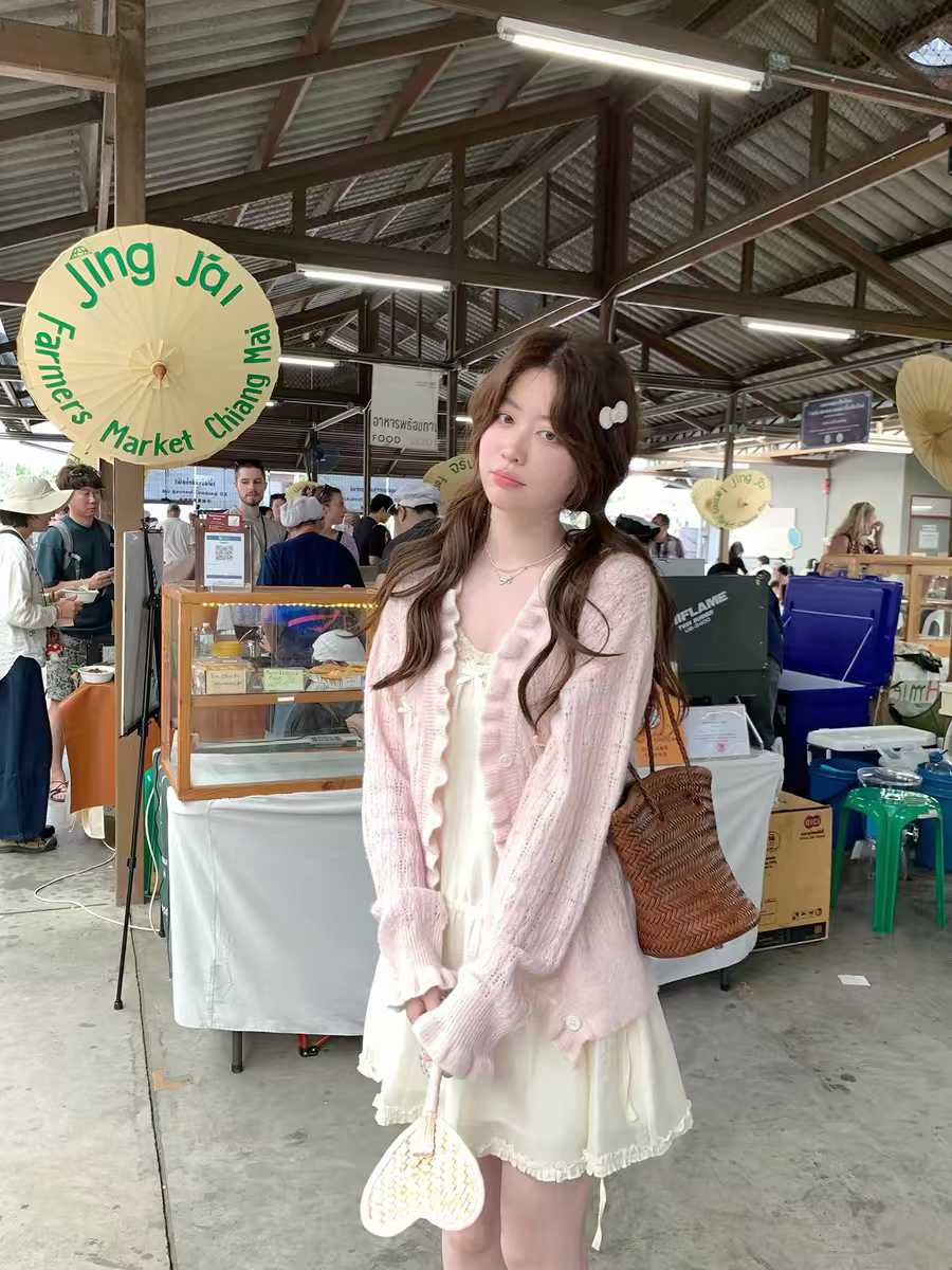 粉色V領木耳花邊針織衫毛衣女百搭顯瘦初春外套