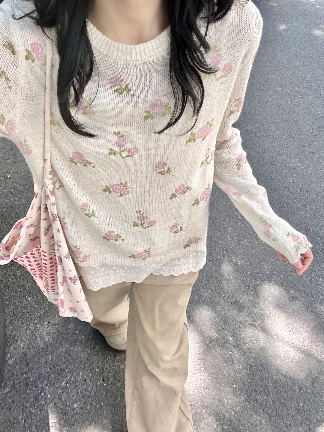 2026新款羊毛混紡滿印碎花針織毛衣罩衫春季女