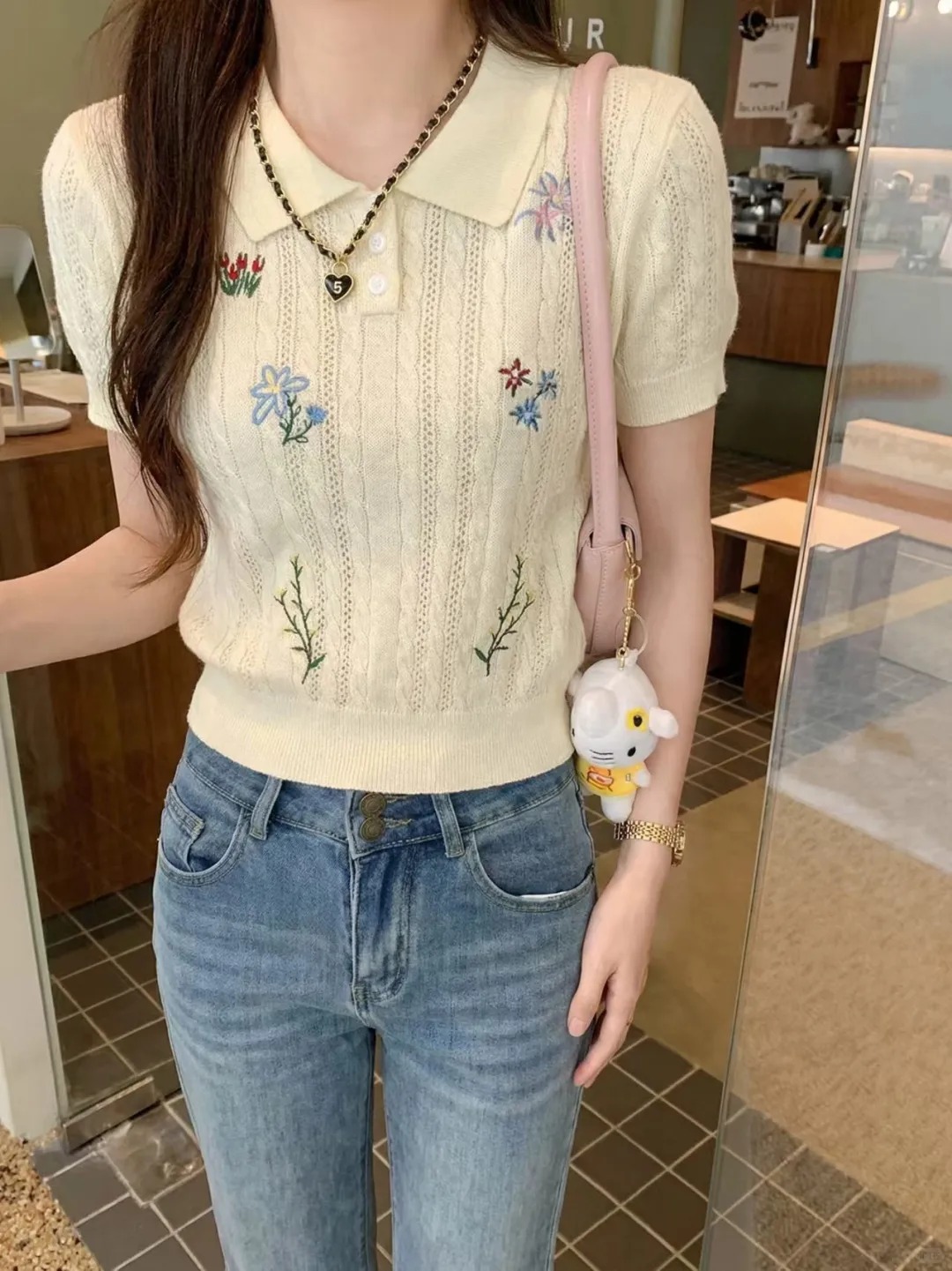 韓系鉤花花朵刺繡POLO領針織短袖t恤女夏季設計感百搭短款上衣潮
