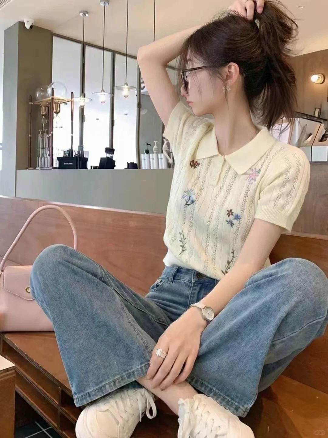 韓系鉤花花朵刺繡POLO領針織短袖t恤女夏季設計感百搭短款上衣潮
