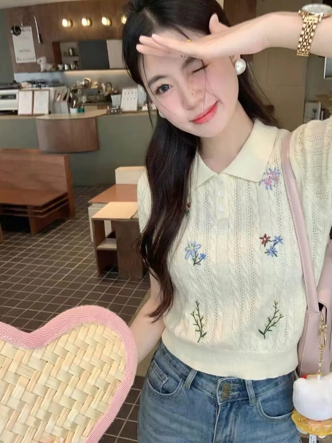 韓系鉤花花朵刺繡POLO領針織短袖t恤女夏季設計感百搭短款上衣潮