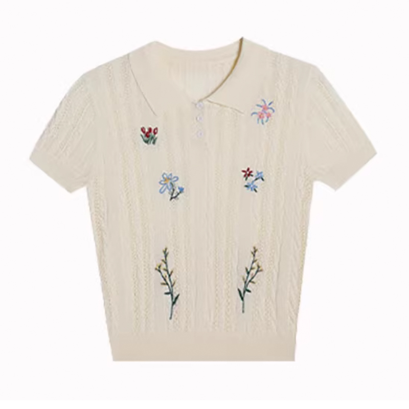 韓系鉤花花朵刺繡POLO領針織短袖t恤女夏季設計感百搭短款上衣潮