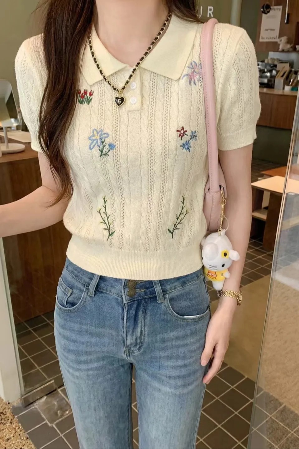 韓系鉤花花朵刺繡POLO領針織短袖t恤女夏季設計感百搭短款上衣潮