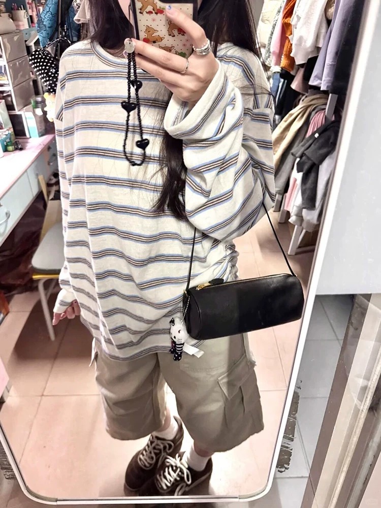 韓系撞色條紋長袖t恤女夏季薄款防曬罩衫寬松休閑百搭慵懶風上衣