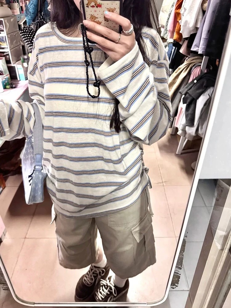 韓系撞色條紋長袖t恤女夏季薄款防曬罩衫寬松休閑百搭慵懶風上衣