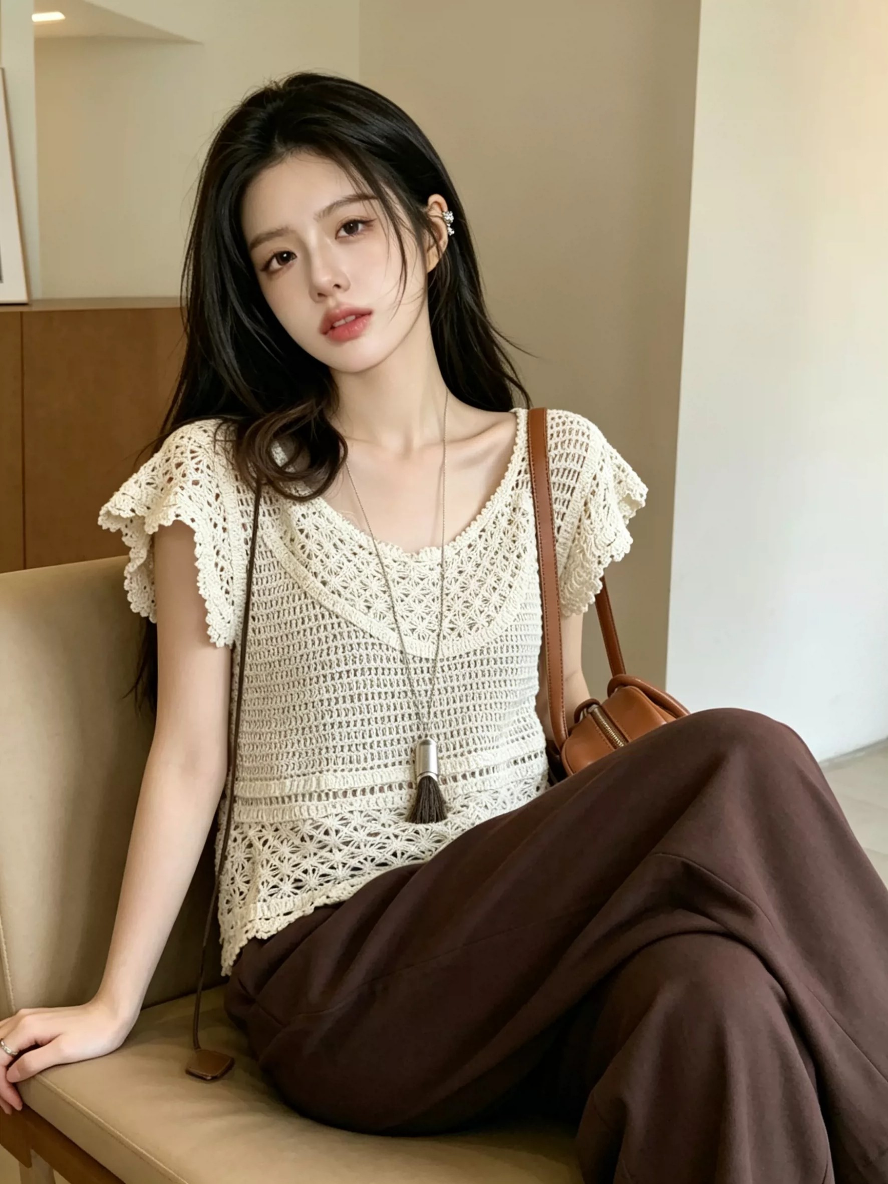 法式杏色鏤空V領針織飛飛袖T恤女2026夏季新款巨好看的短袖小上衣