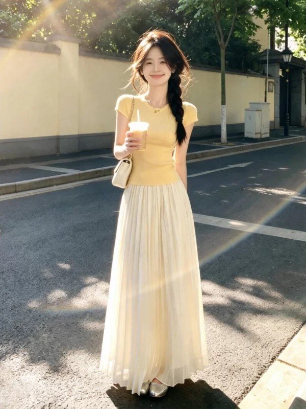 包芯紗 黃色圓領修身顯瘦短袖T恤女冰爽針織高端小資初夏上衣