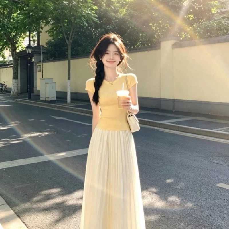 包芯紗 黃色圓領修身顯瘦短袖T恤女冰爽針織高端小資初夏上衣