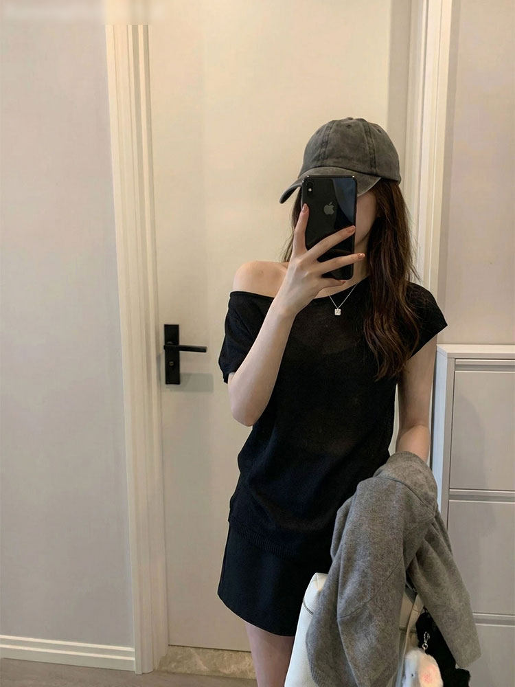 天絲亞麻韓系淡人穿搭斜肩領冰絲針織短袖女夏松弛感卷邊露肩純欲