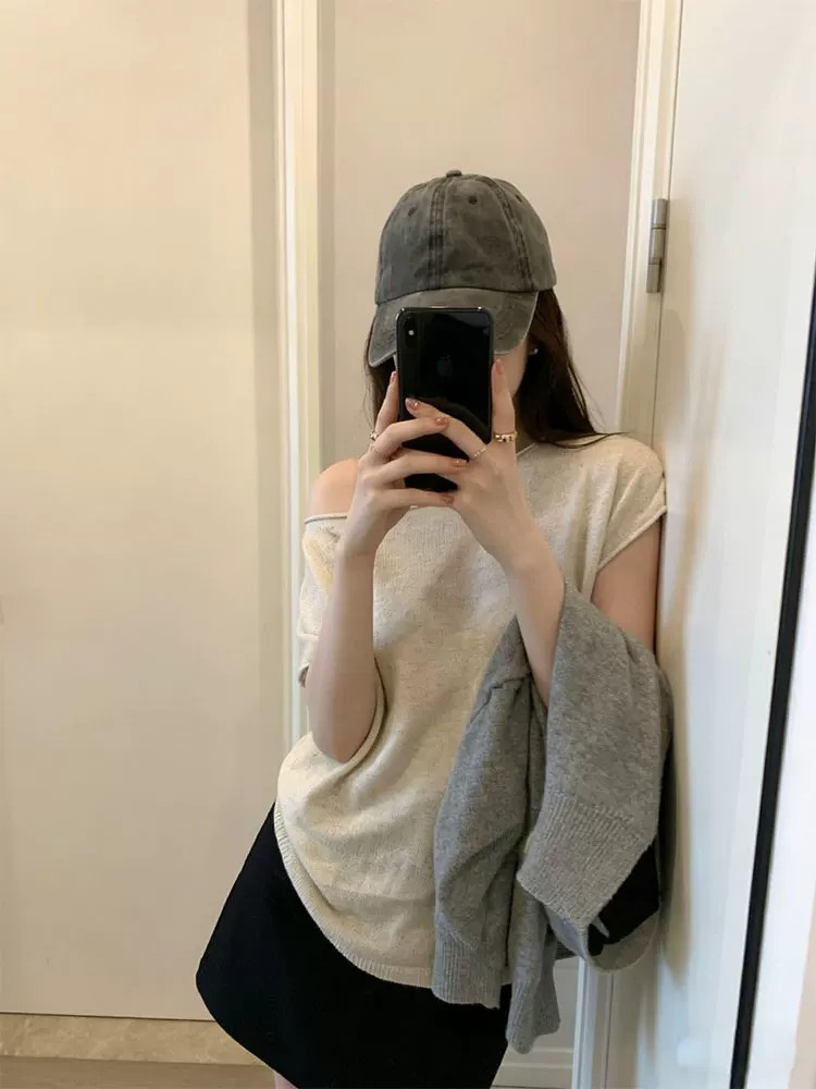 天絲亞麻韓系淡人穿搭斜肩領冰絲針織短袖女夏松弛感卷邊露肩純欲