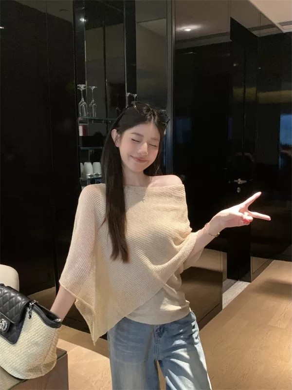 不規則披肩斗篷針織衫女款2026新款夏季薄款韓系氣質顯瘦斜肩上衣