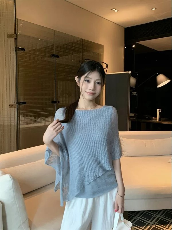 不規則披肩斗篷針織衫女款2026新款夏季薄款韓系氣質顯瘦斜肩上衣