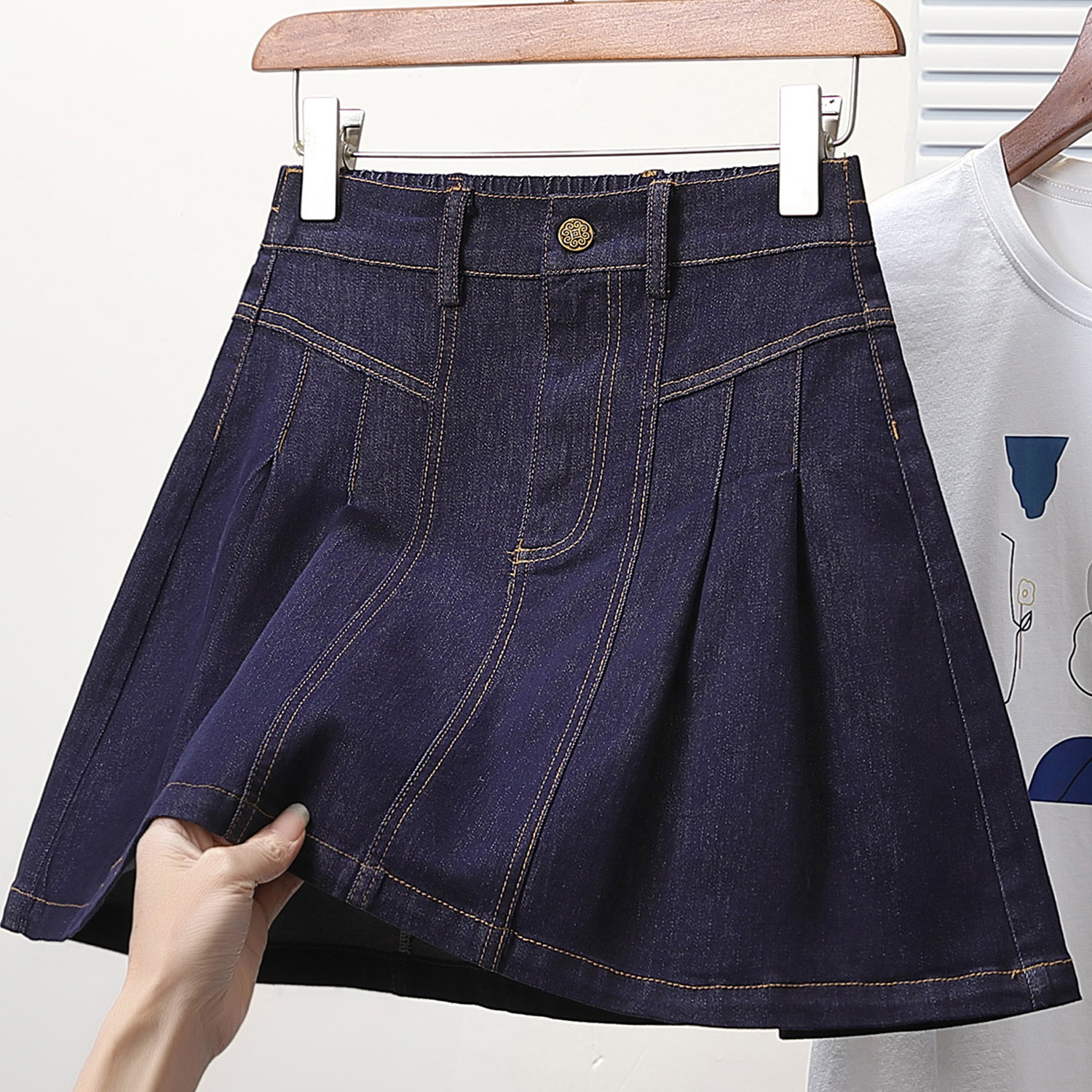 RY1945# 实拍夏新款大码宽松加内衬防走光牛仔半身裙胖MM松紧腰百褶A...