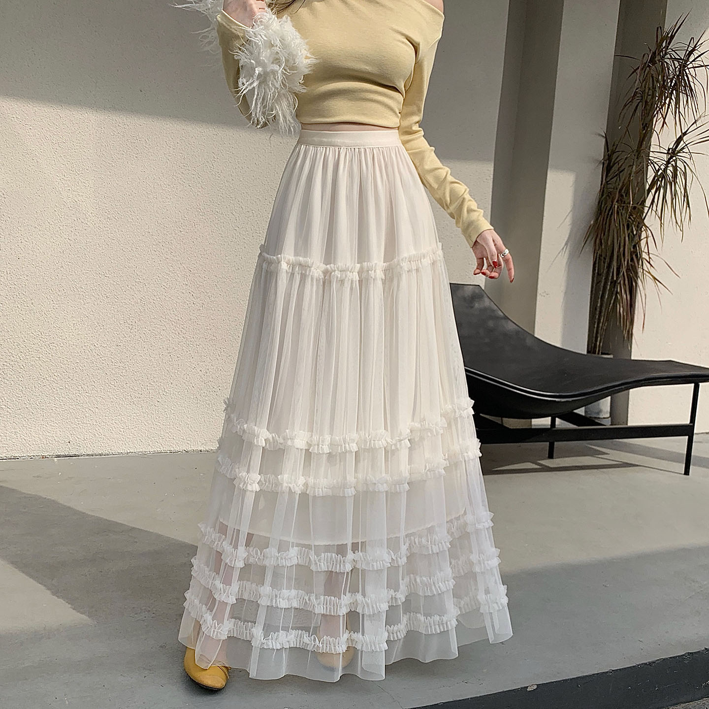 MY16774# 木耳边纱裙高级感花边半身裙新款网纱蛋糕大摆蓬蓬裙仙女女裝...