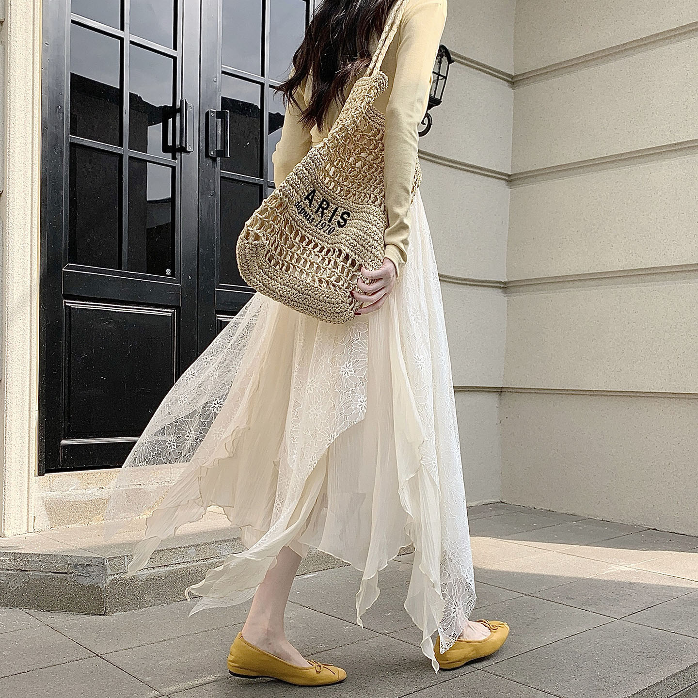 MY16781# 不规则蕾丝拼接A字蓬蓬半身裙高腰遮胯宽松褶皱大摆裙女裝貨源服裝批發