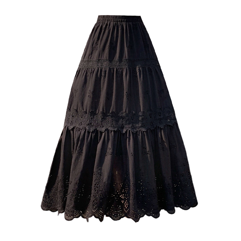 2026早春絕美鏤空蕾絲花瓣純色半身裙寬松顯瘦重工拼接中長裙