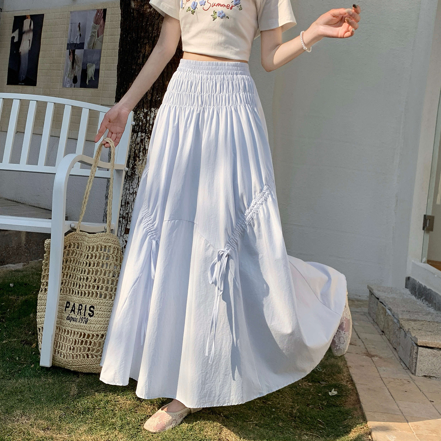 2026春夏新款天絲棉褶皺松緊腰蝴蝶結半身裙女中長款寬松百搭傘裙