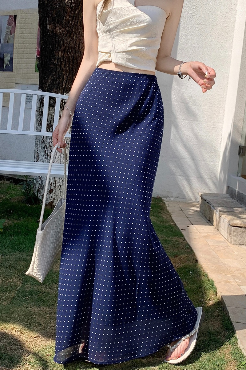 韓系復古波點雪紡半身裙女2026夏季高級感垂感a字魚尾包臀裙