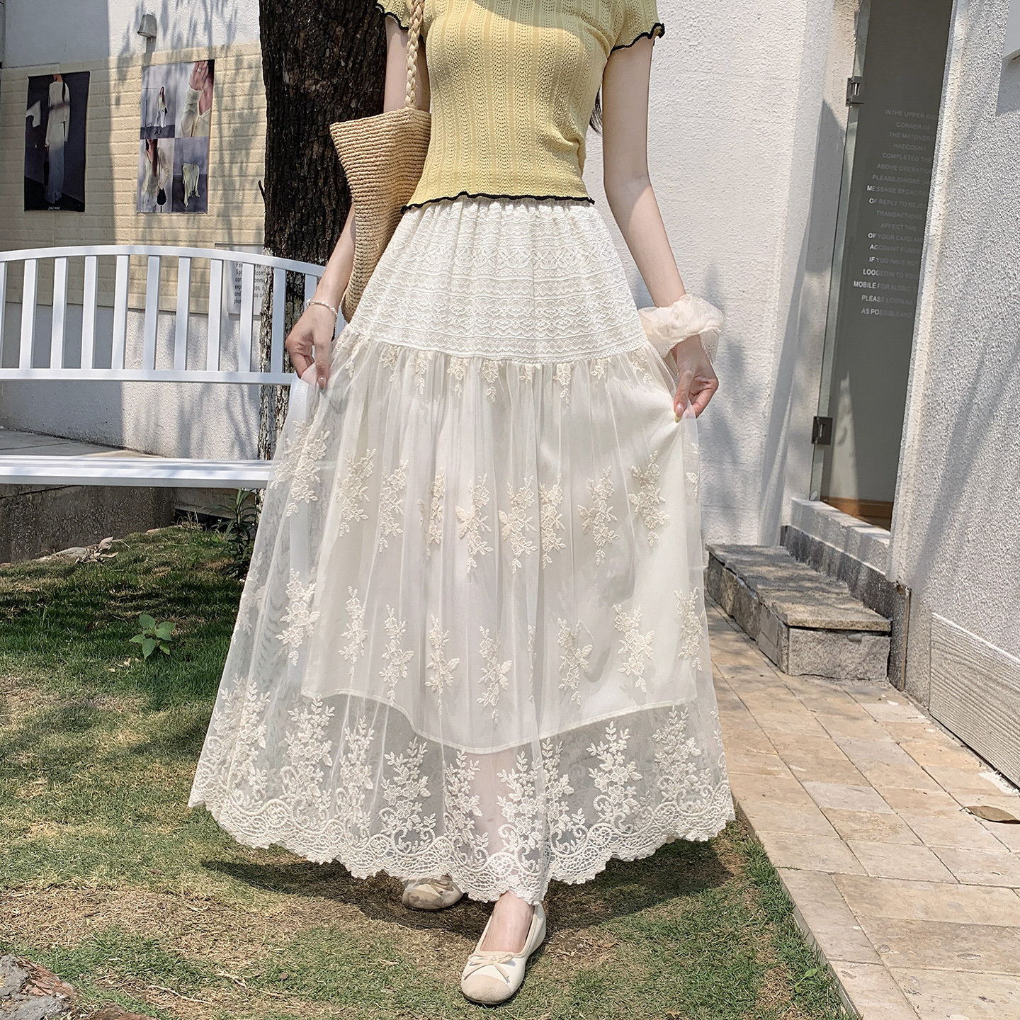 巨好看重工刺繡蕾絲長款半身裙女春夏2026新款松緊腰a字大擺紗裙