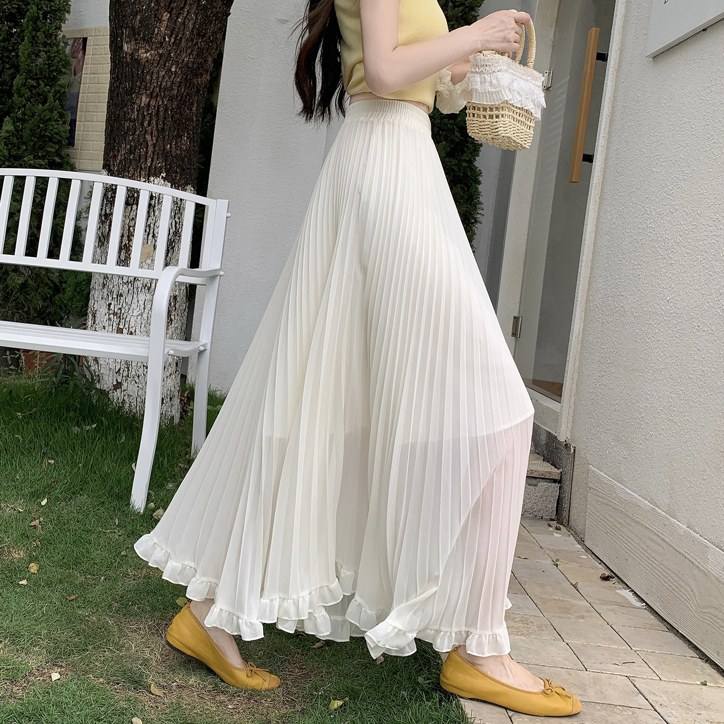 不規則裙擺設計百褶裙女2026夏季新款木耳邊拼接大擺壓折長裙