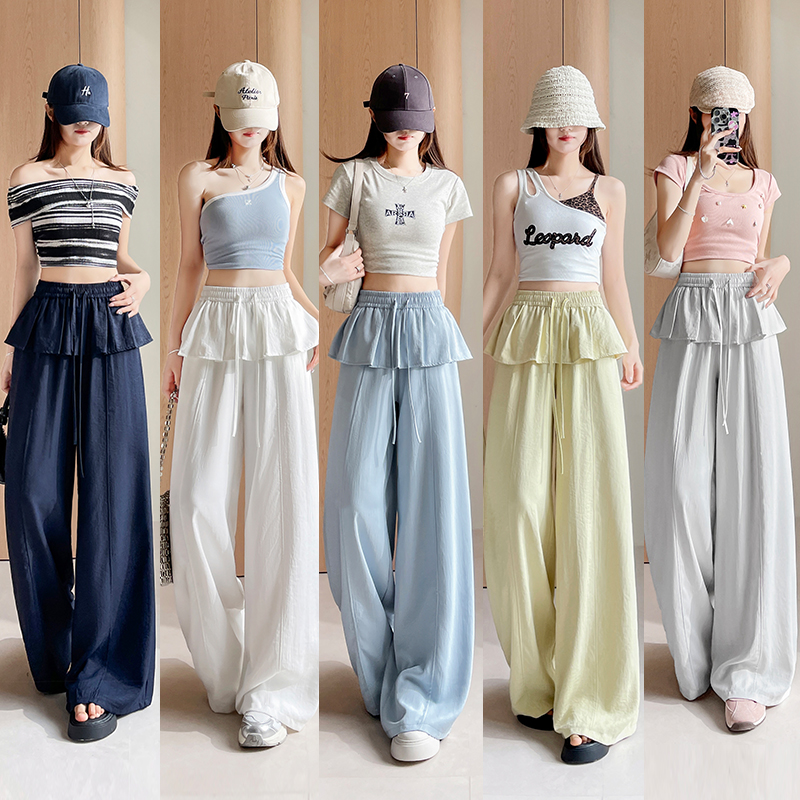 RY3059# 实拍法兰丝滑棉百搭休闲遮屁长裤女春夏垂感松紧腰系带直筒阔腿...