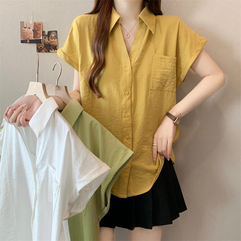 MY8937# 大码设计感小众V领短袖衬衫夏休闲减龄百搭上衣女裝貨源服裝批...