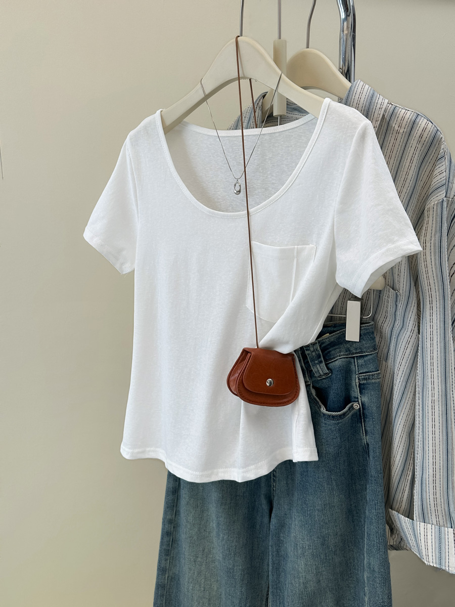 MY17227# 雪花棉口袋设计感短袖T恤内搭宽松打底衫正肩白色U领半袖上...