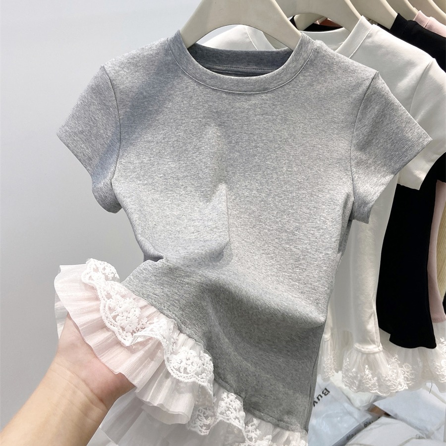 MY17236# 白色纯欲甜美蕾丝花边正肩短袖T恤女夏辣妹修身女裝貨源服裝...