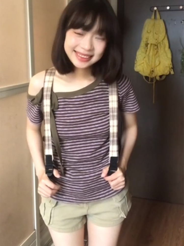 MY17234# 原版色织条纹 紫色条纹斜肩短袖t恤女夏季修身露肩设计独特...