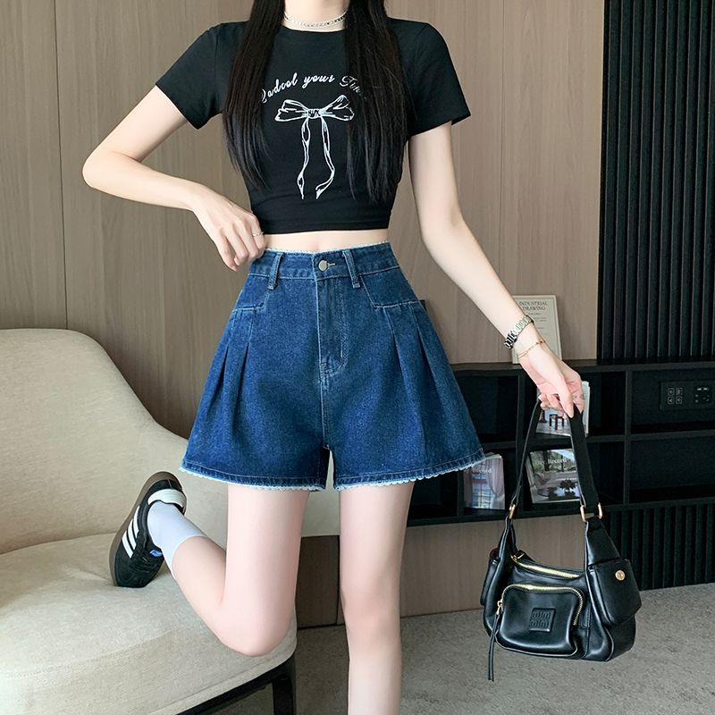 MY11223# 蕾丝花边高腰A字显瘦牛仔短裤女新款百搭通勤阔腿热裤子女裝...