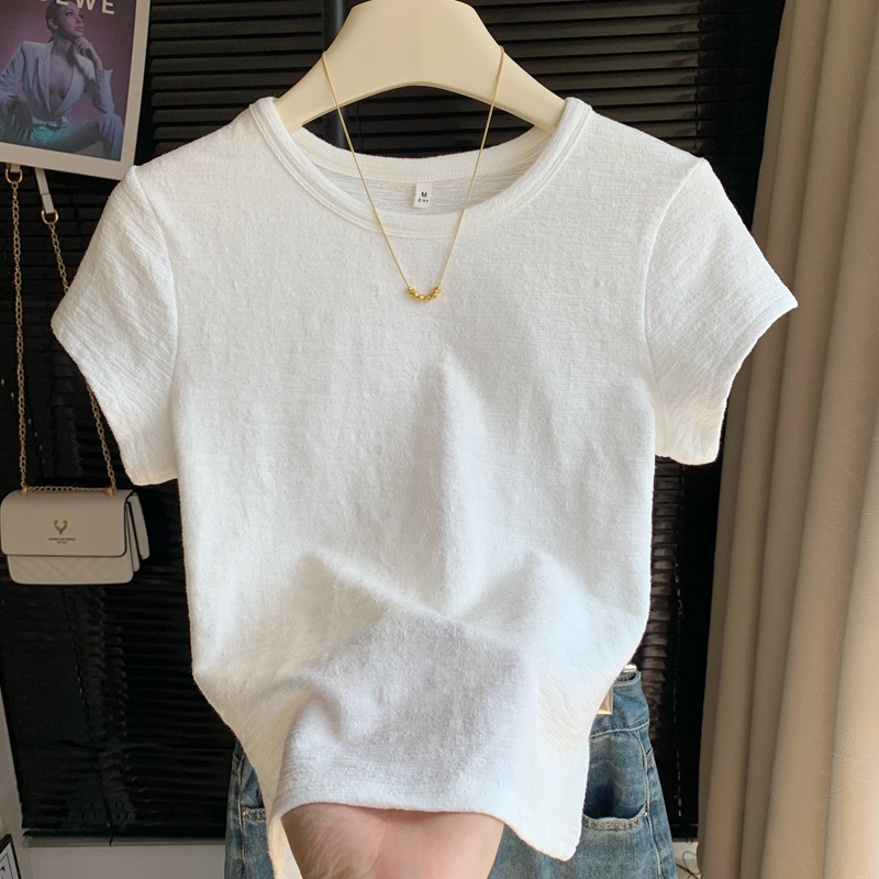 MY17229# 韩系正肩小众设计感肌理感修身短袖T恤女夏季修身圆领不撞款...