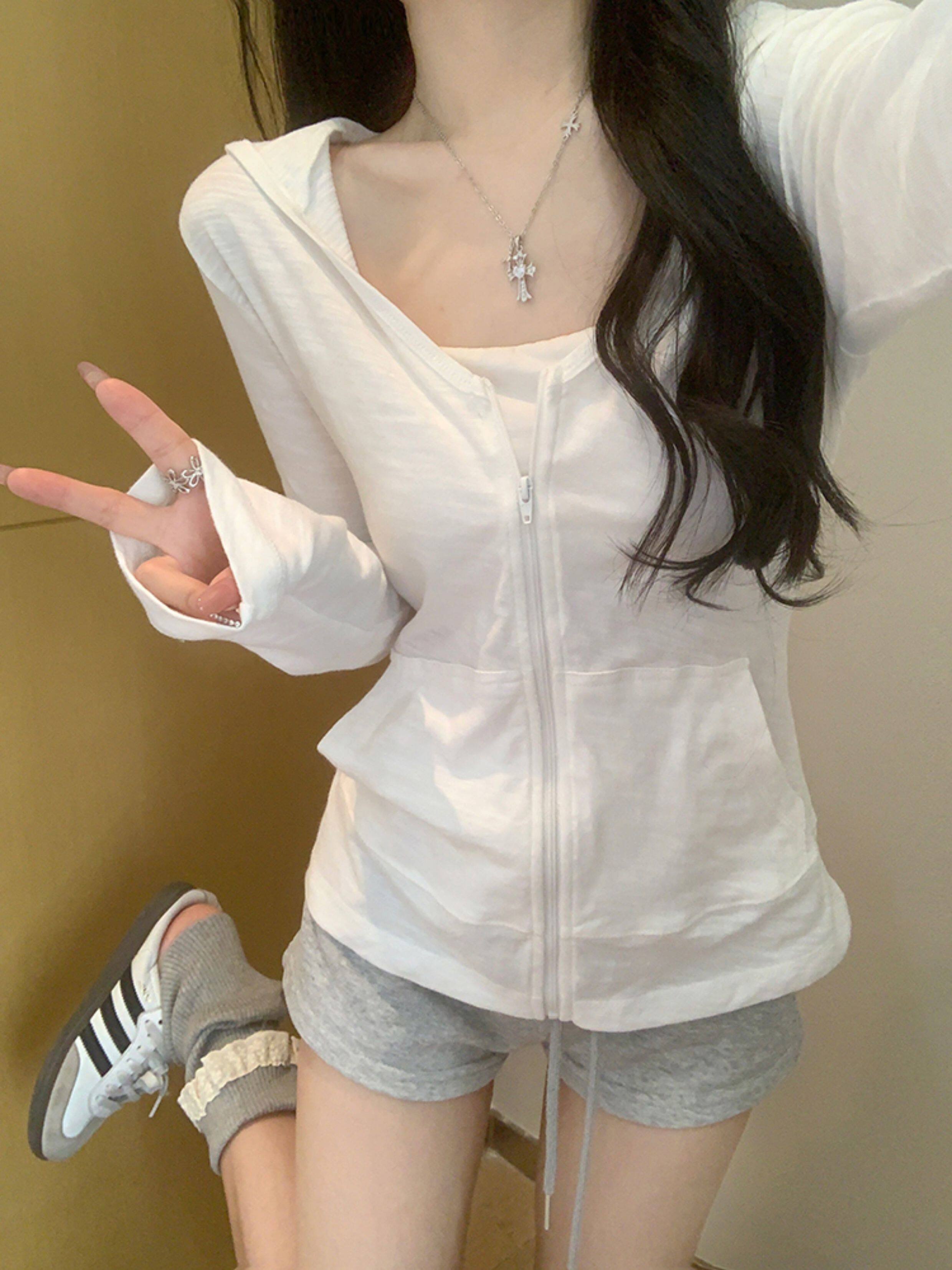 RY3777# 纯欲风miu系白色连帽拉链防晒薄款外套开衫女春季2026长...