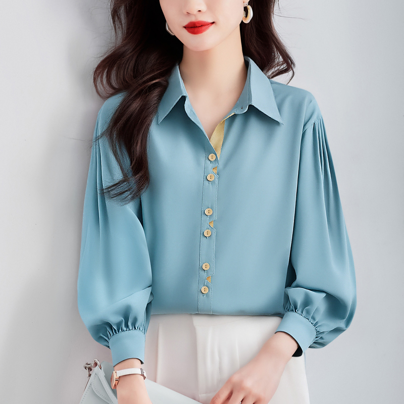 MY13861# 女裝貨源洋气休闲秋季新款女装翻领雪纺衫上衣开衫衬衫打底衬...