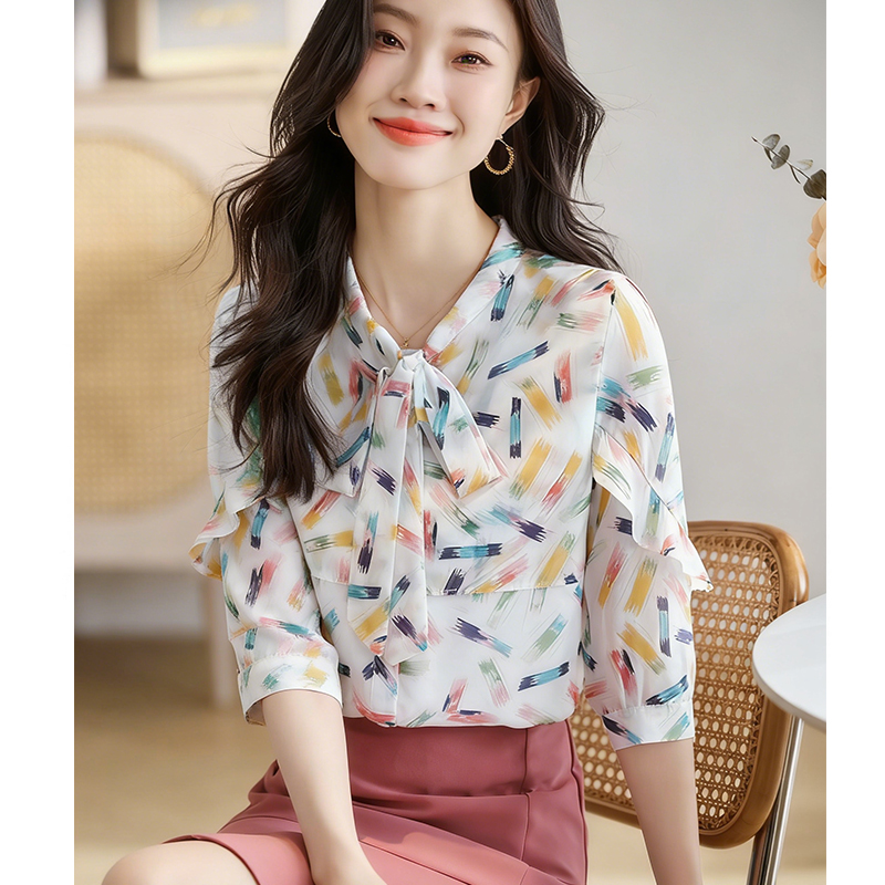 實拍洋氣雪紡衫襯衫女七分袖夏裝新款花色短袖打底衫小衫韓版上衣