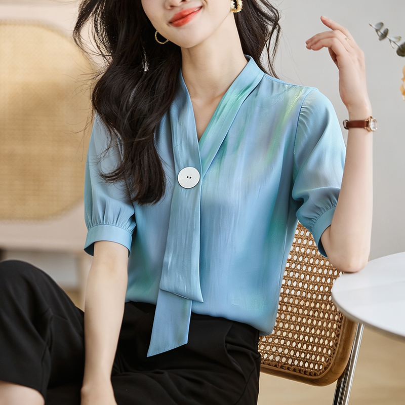 實拍雪紡衫襯衫女夏裝新款短袖打底衫小衫韓版系帶上衣服潮