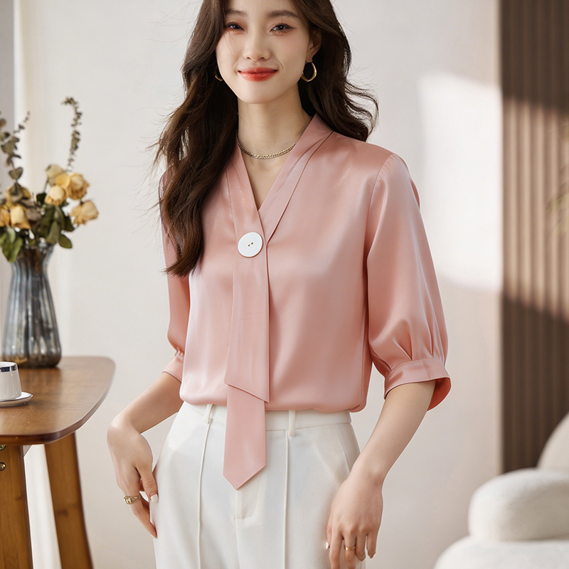 實拍雪紡衫襯衫女夏裝新款短袖打底衫小衫韓版系帶上衣服潮