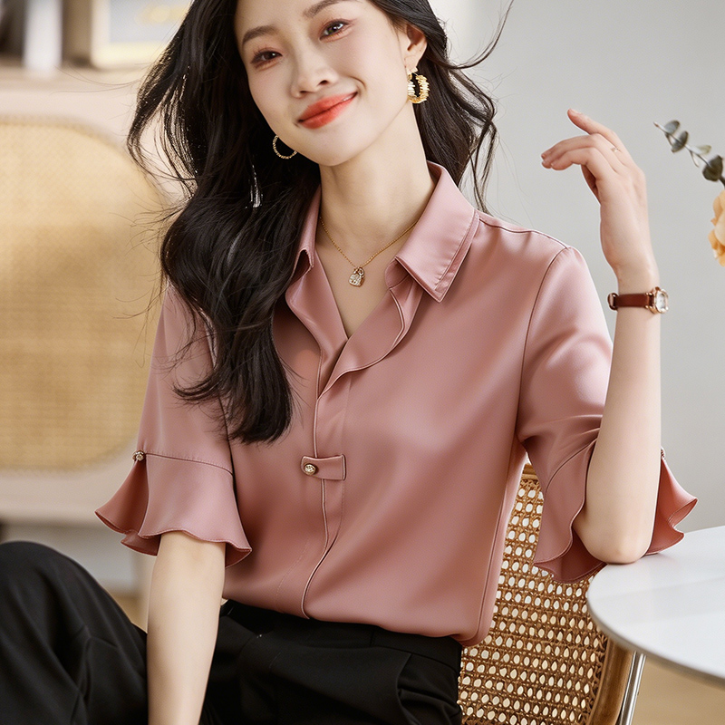 實拍洋氣緞面仿真絲襯衫女夏裝新款純色短袖打底小衫韓版翻領上衣