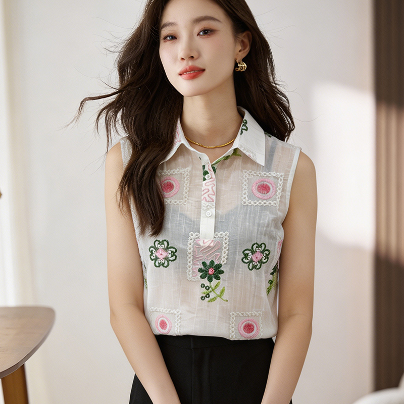 實拍刺繡半透夏季坎肩背心女外穿襯衫無袖雪紡打底內搭上衣