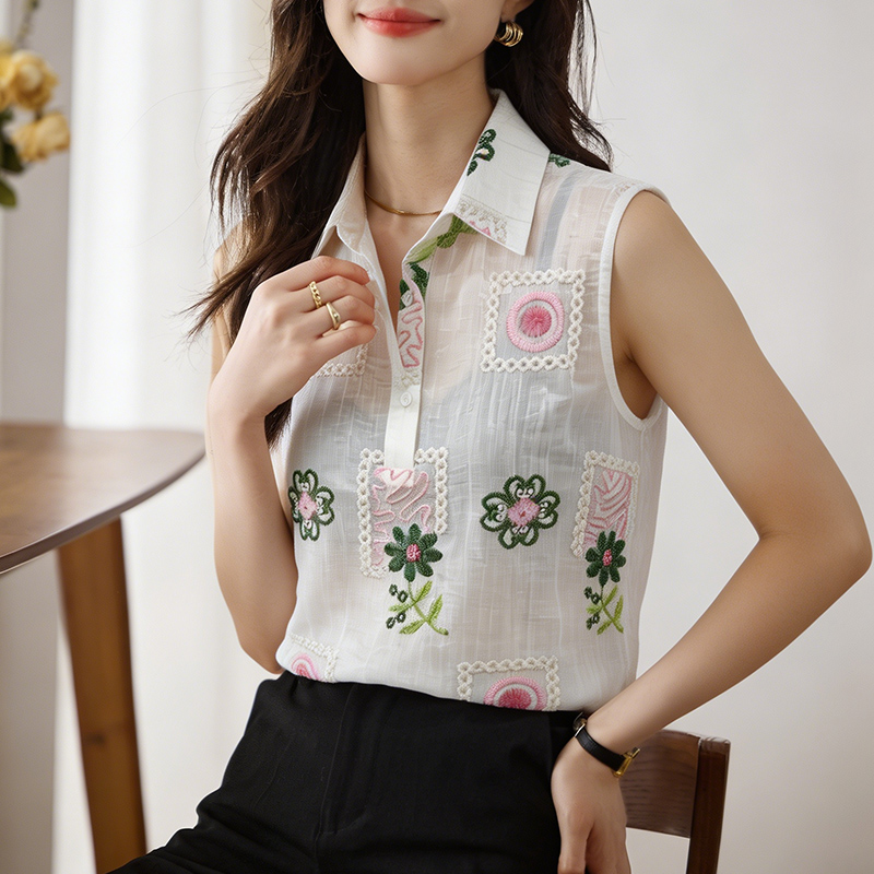 實拍刺繡半透夏季坎肩背心女外穿襯衫無袖雪紡打底內搭上衣
