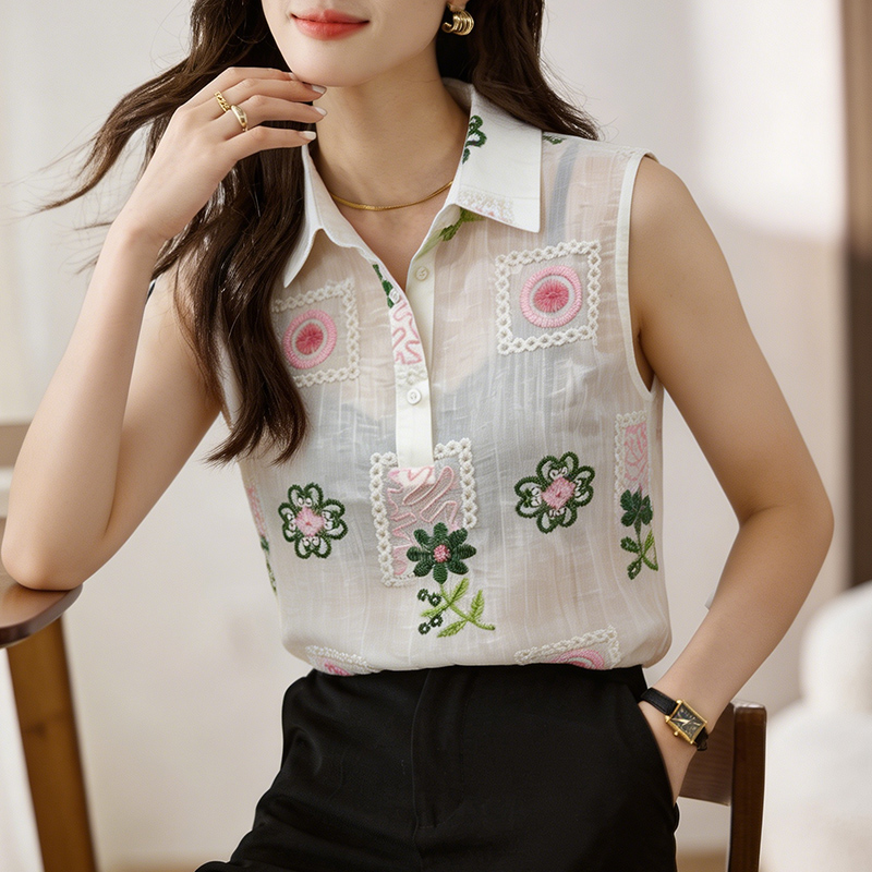 實拍刺繡半透夏季坎肩背心女外穿襯衫無袖雪紡打底內搭上衣