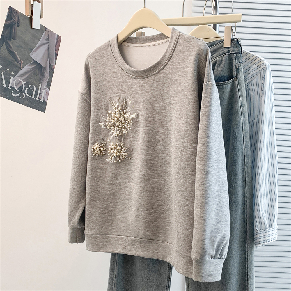 MY17434# 设计感洋气钉珠亮片宽松休闲加绒T恤气质百搭减龄套头卫衣女...