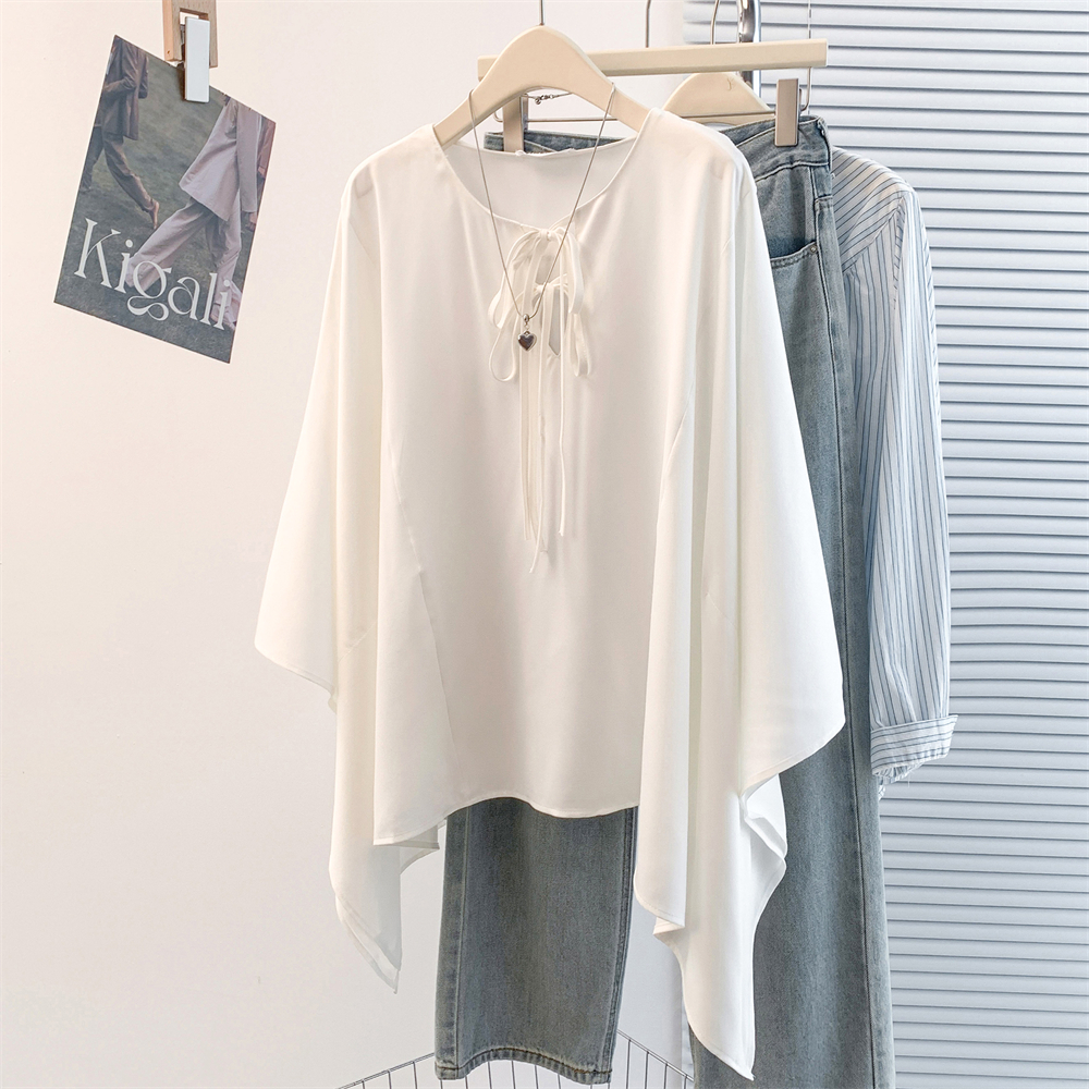 MY17433# 新款别致设计系带衬衫气质感缎面纯色宽松蝙蝠袖上衣女女裝貨源服裝批發