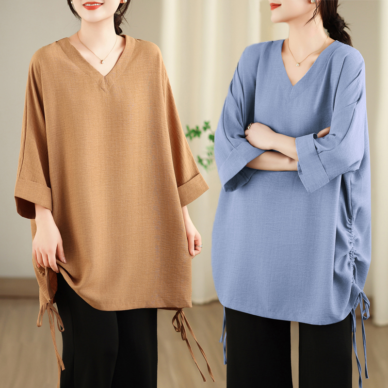 MY17430# 新款文艺简约v领显瘦上衣中长款慵懒风抽绳设计宽松T恤女女裝貨源服裝批發