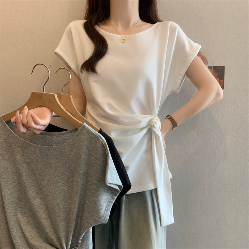 MY9181# 大码夏季新圆领收腰设计时尚气质百搭韩系减龄女上衣女裝貨源服裝批發