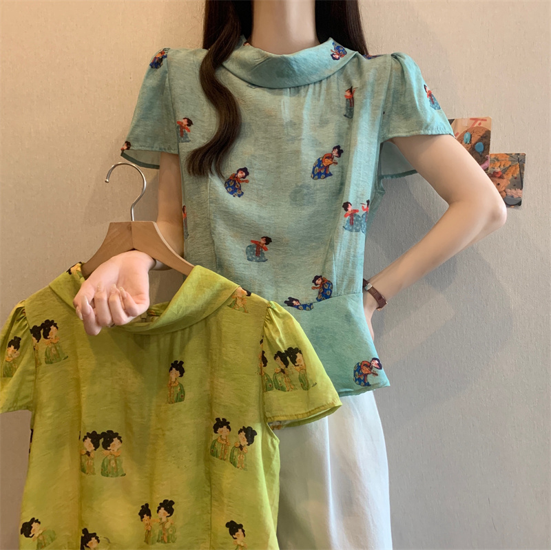 MY9188# 大码国风元素印花~荡领泡泡袖衬衫女裝貨源服裝批發