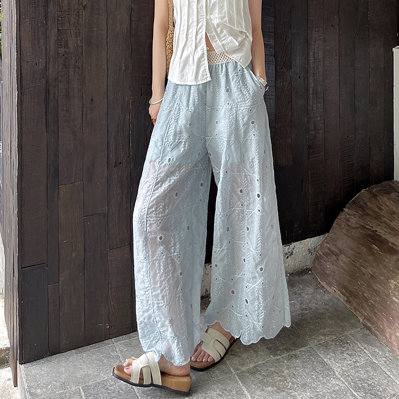 實拍重工刺繡勾花鏤空蕾絲九分褲女夏薄款高級感小個子直筒闊腿褲