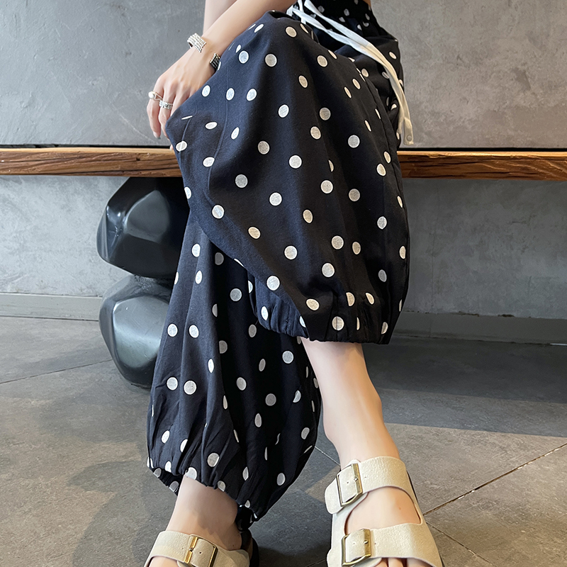 實拍冰絲波點棉麻八九分褲女夏薄款寬松小個子顯瘦遮胯闊腿燈籠褲